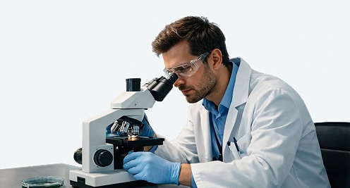 person conduction research through a microscope